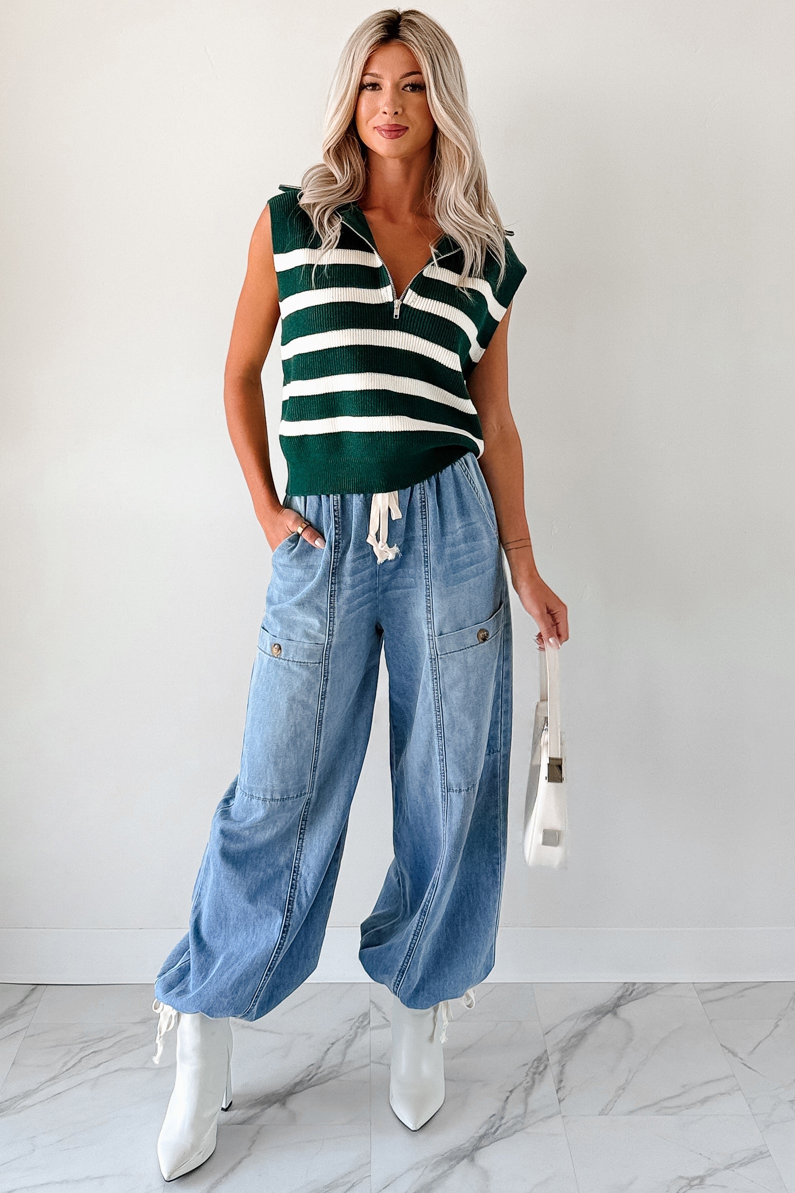 Daily Joys Striped Half-Zip Sweater Vest (Green/Cream)
