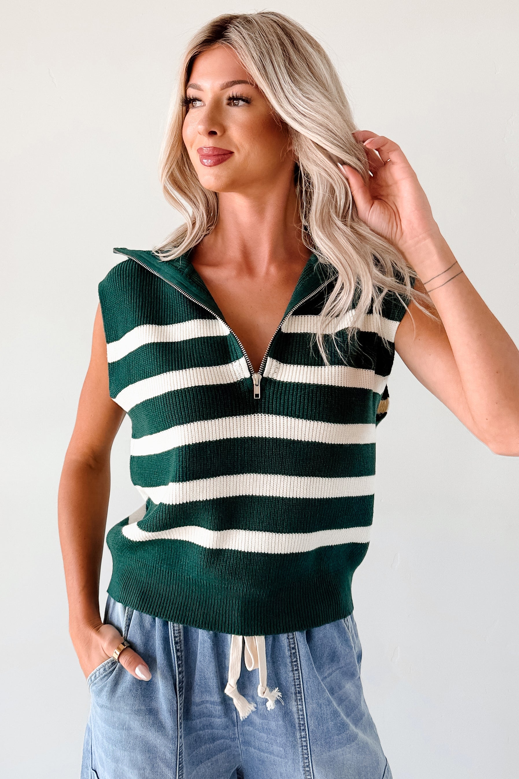 Daily Joys Striped Half-Zip Sweater Vest (Green/Cream)