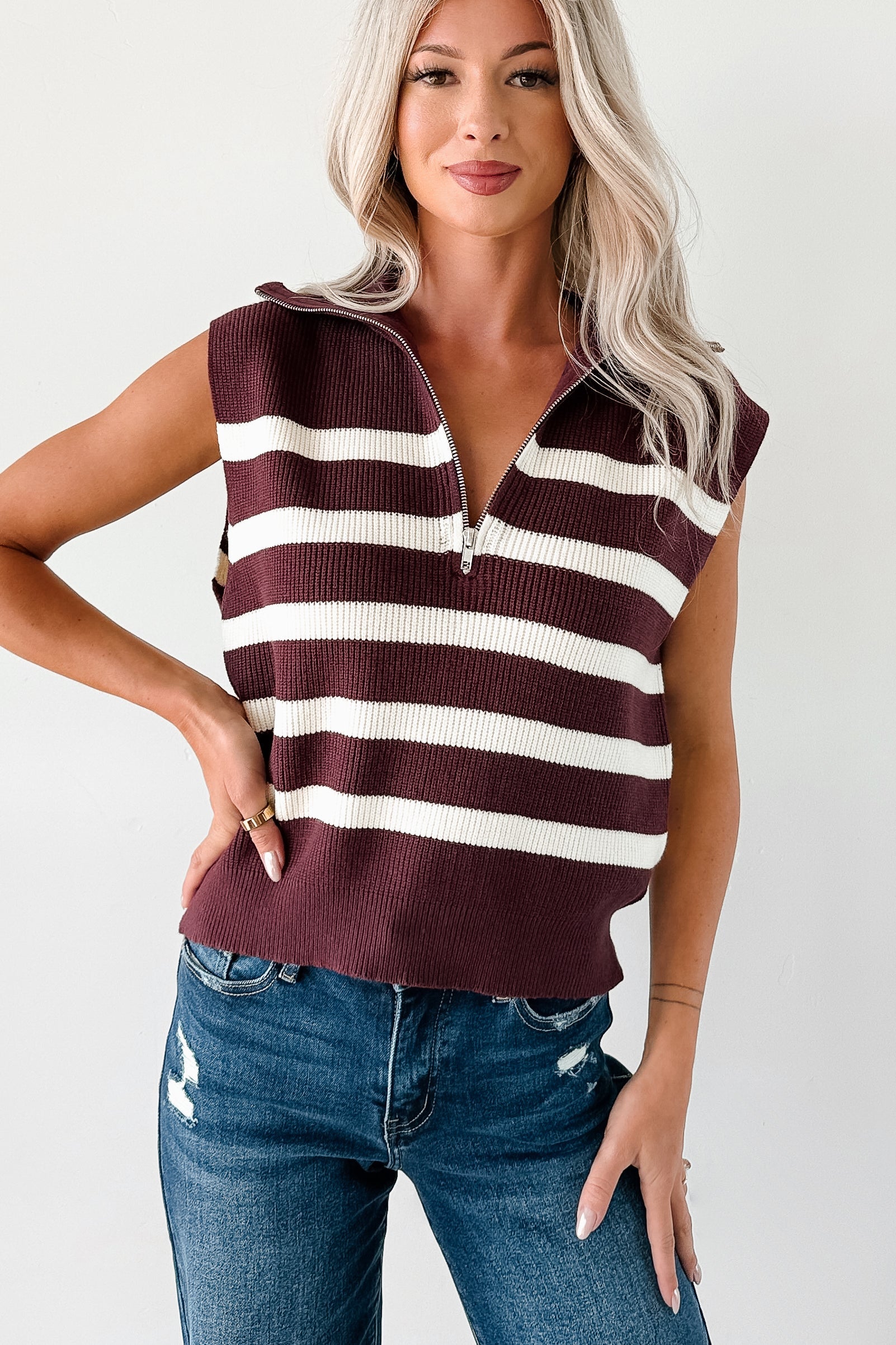 Daily Joys Striped Half-Zip Sweater Vest (Cherry/Cream)