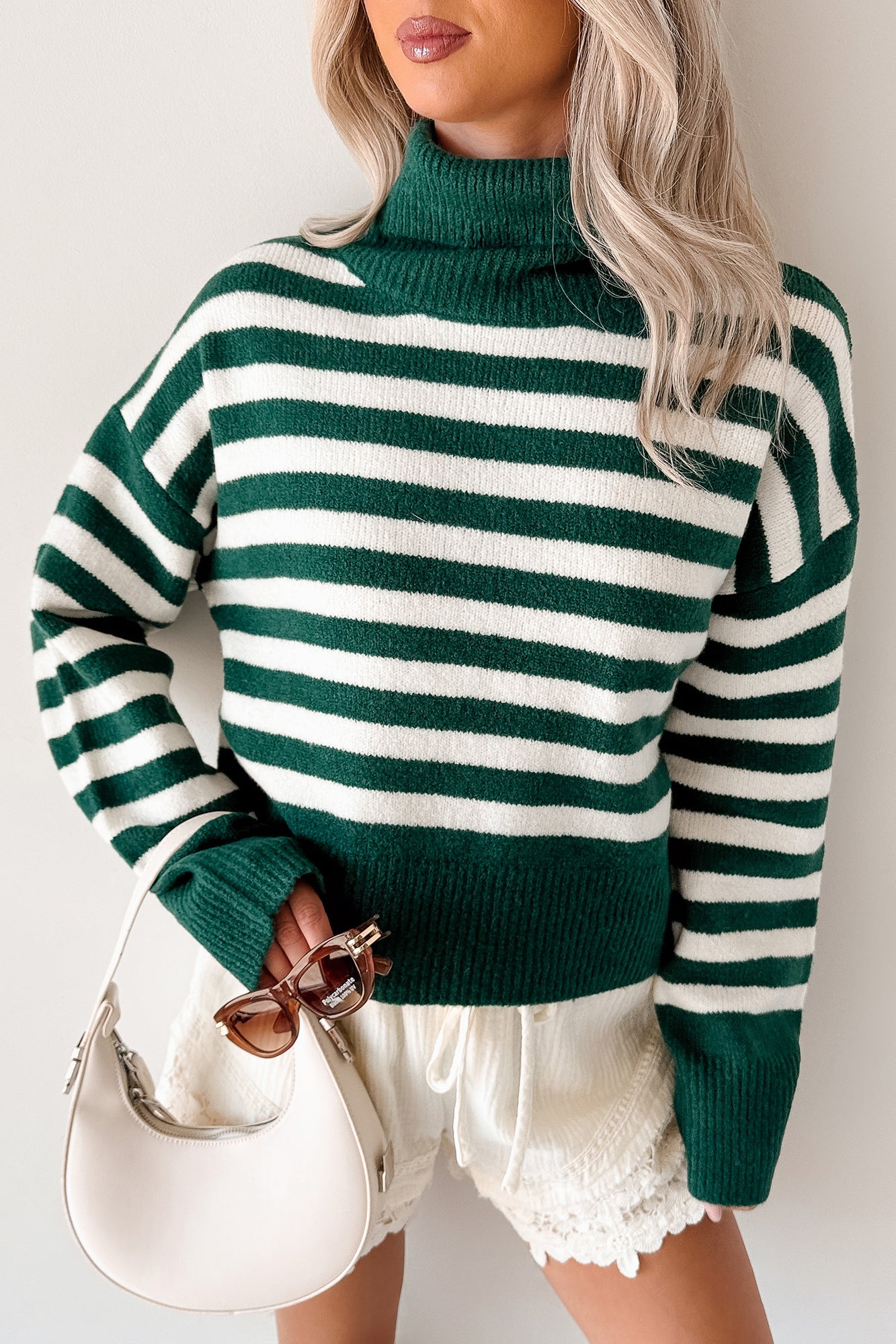 Don't You Worry Striped Turtleneck Sweater (Green/Ivory)