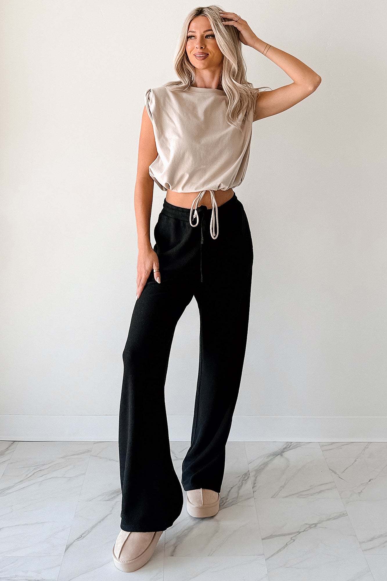 Beyond Horizons Waffle Knit Wide Leg Pants (Black)
