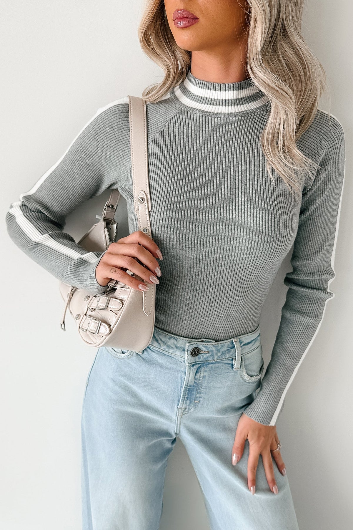 It Just Clicks Striped Mock Neck Bodysuit (H.Grey/White)