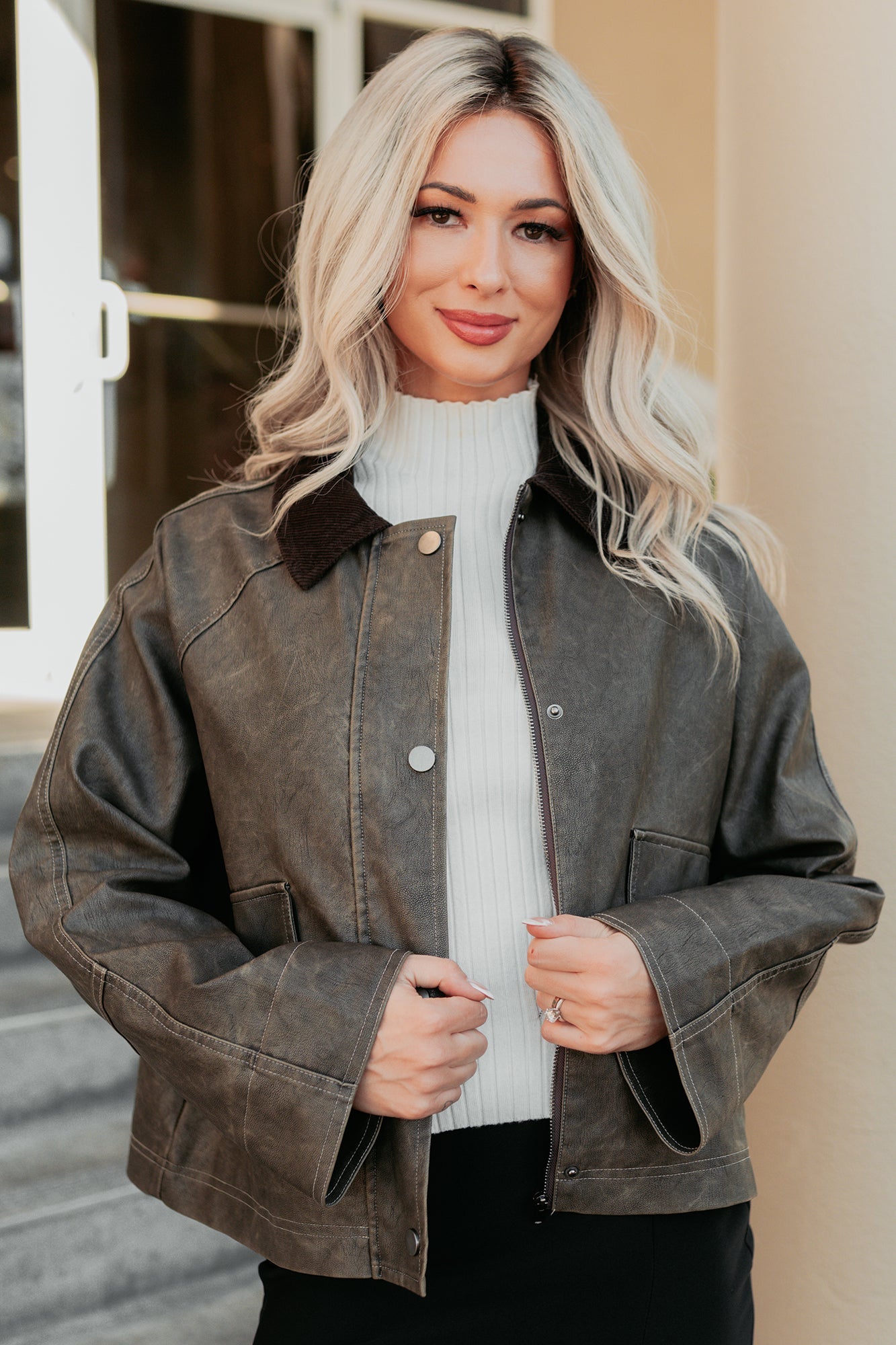 Calmly Chic Washed Faux Leather Jacket (Brown)