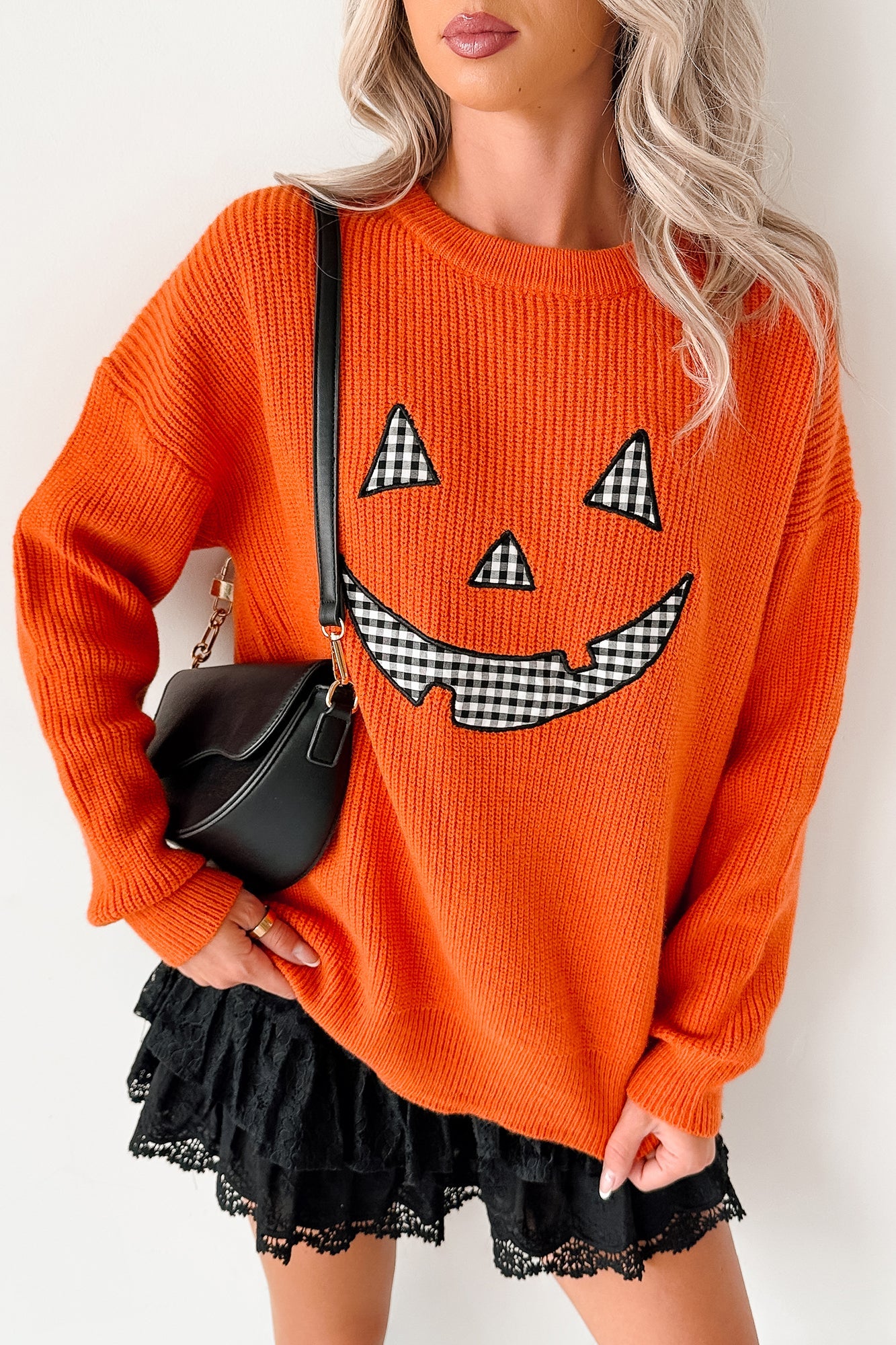 Jack-O-Lantern Embroidered Sweater (Burnt Orange)