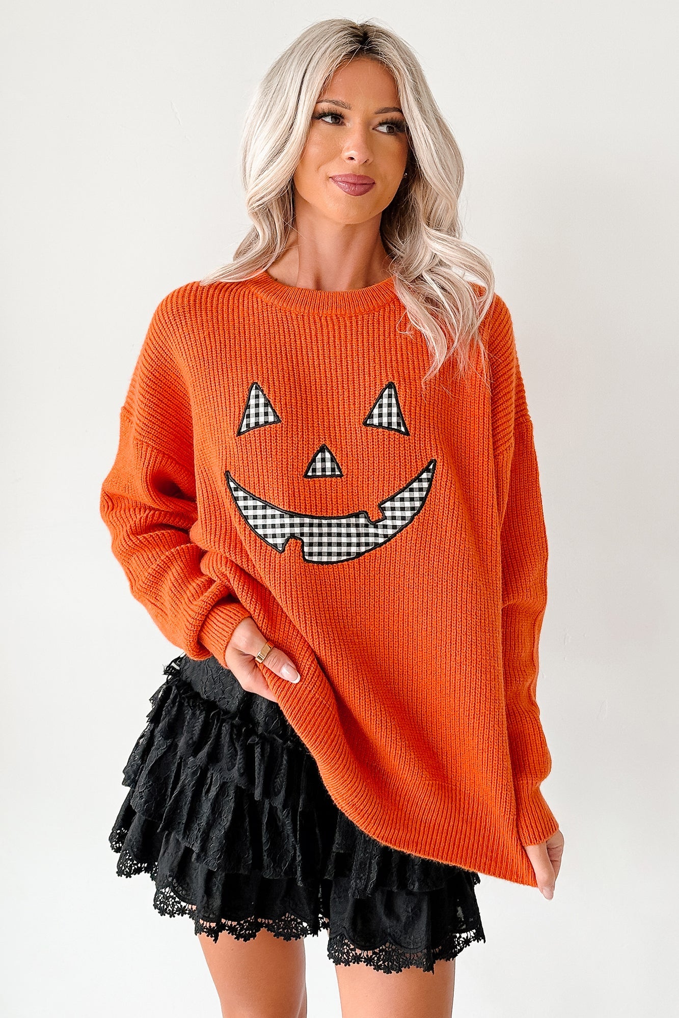 Jack-O-Lantern Embroidered Sweater (Burnt Orange)