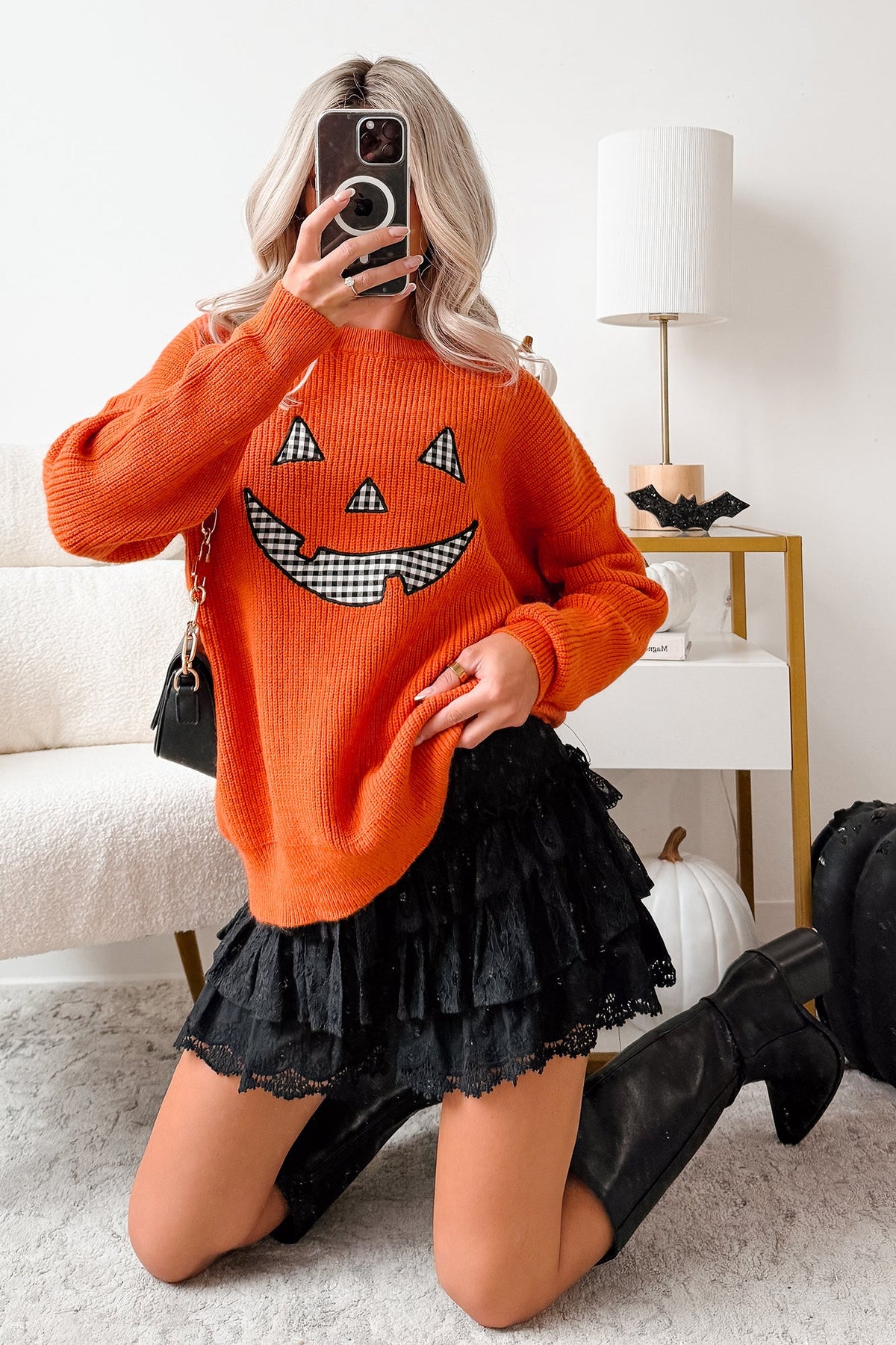 Jack-O-Lantern Embroidered Sweater (Burnt Orange)