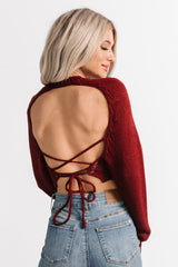 Warm Intention Open Back Crop Sweater (Wine)