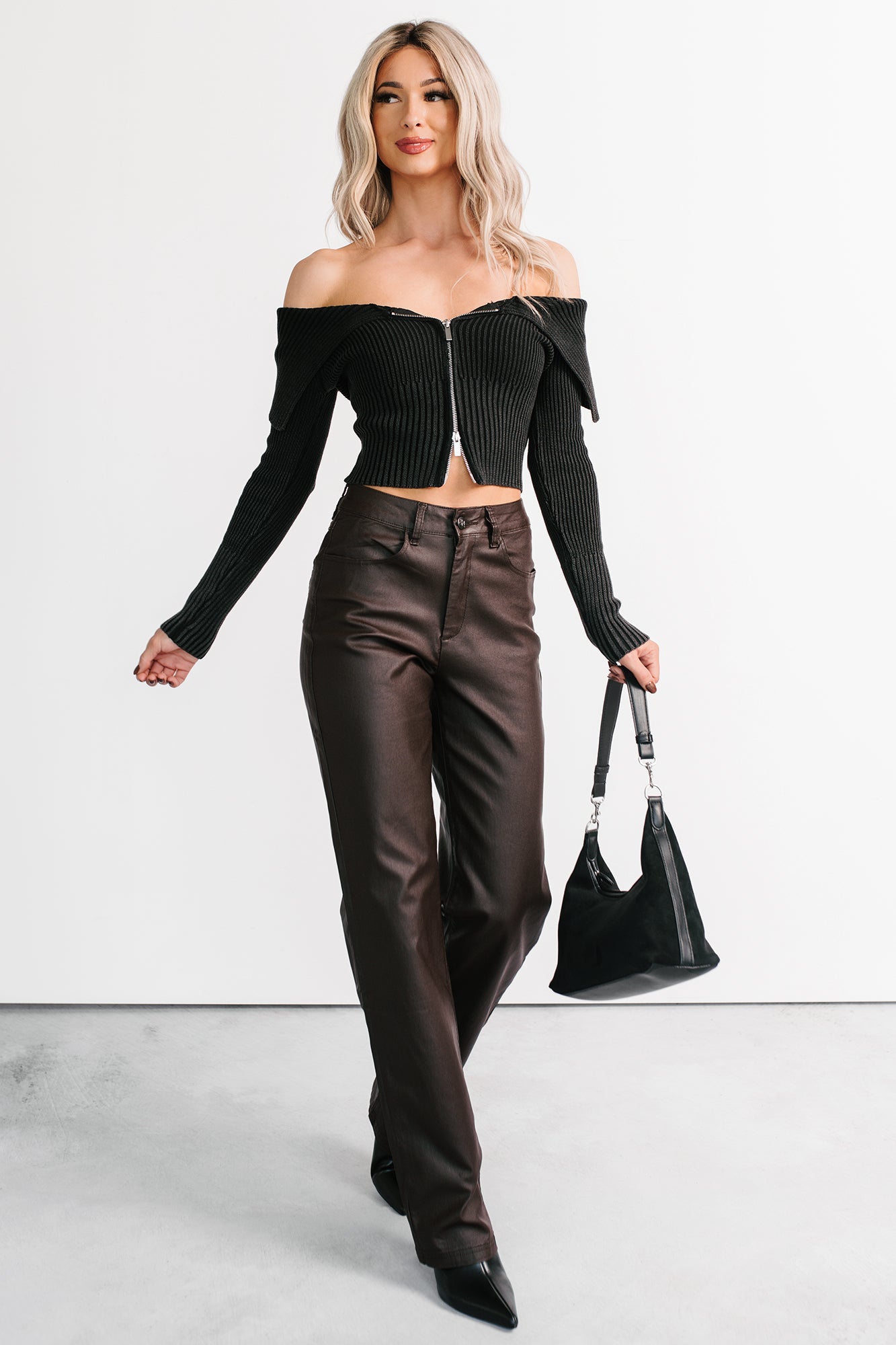Sweet Spell Off The Shoulder Zip-Up Sweater (Black)