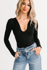 Regal Routine Long Sleeve Plunging Bodysuit (Black)