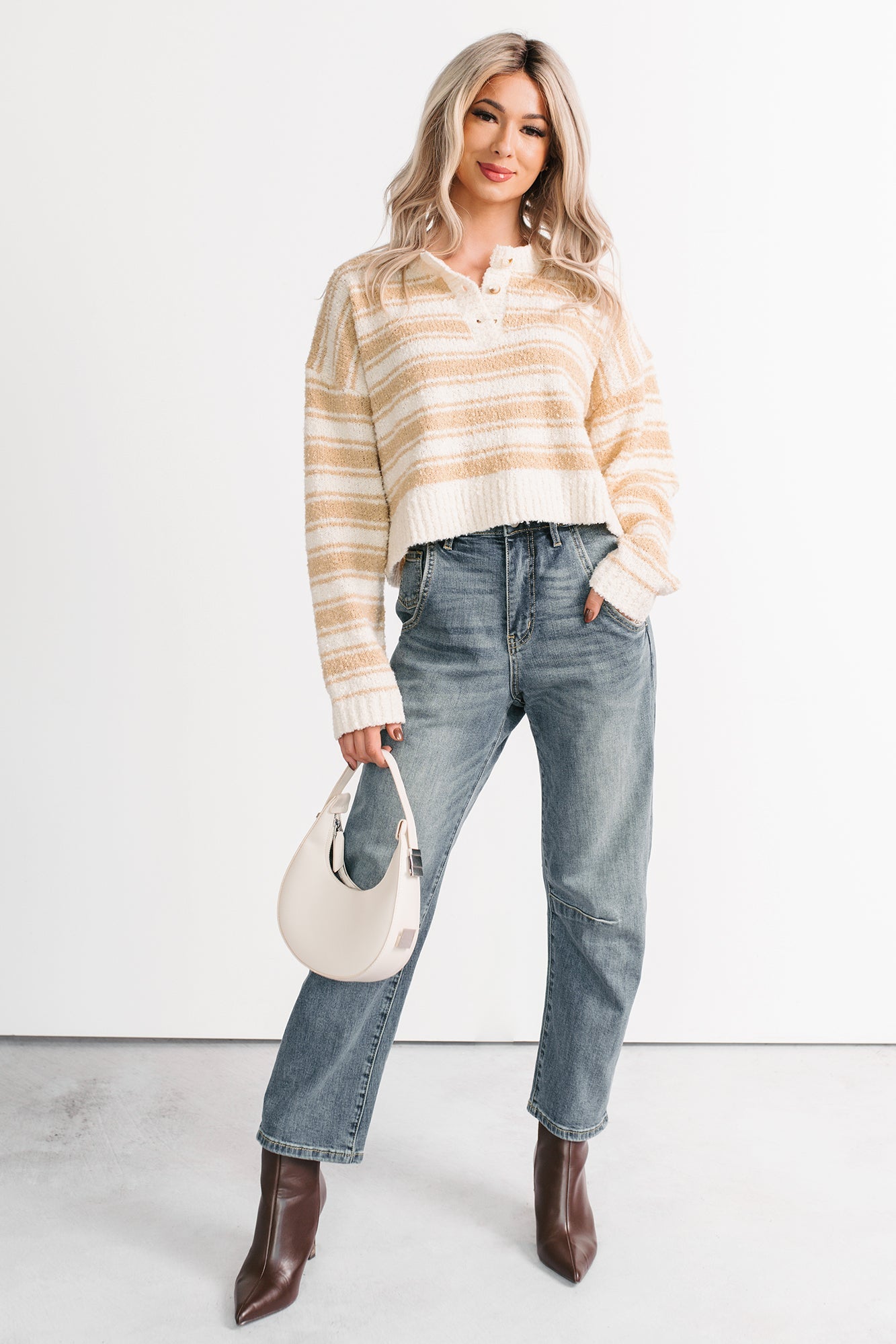 Off The Clock Stripe Knit Sweater (Taupe/Off-White)