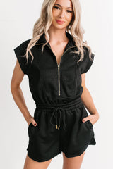 Stay Watching Textured Zip-Up Romper (Black)