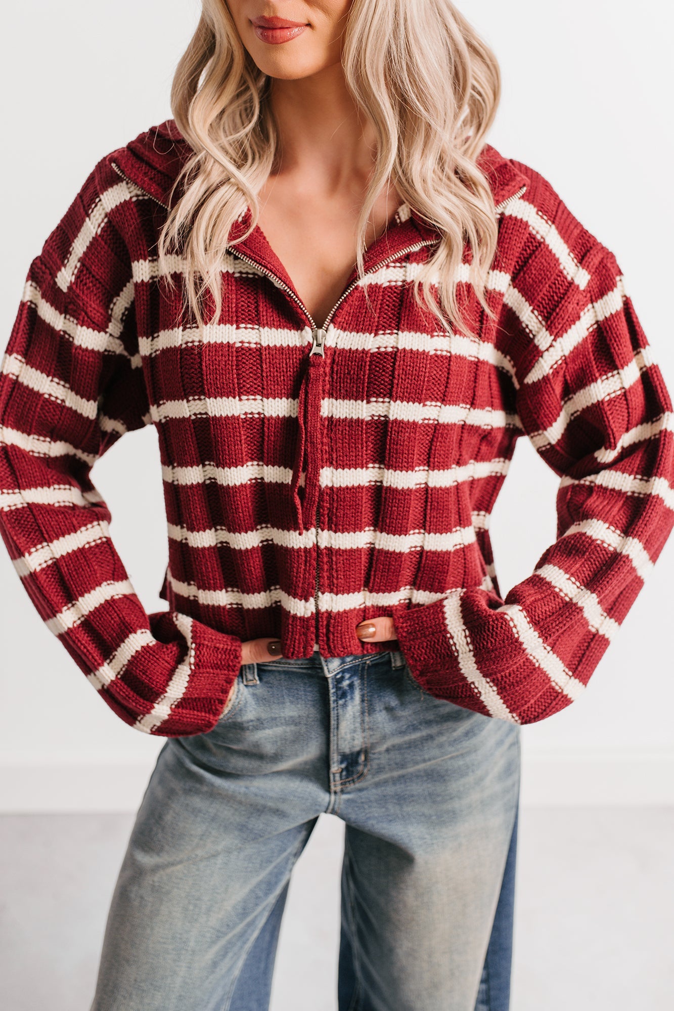 Calm Assurance Striped Zip-Up Sweater Jacket (Wine)