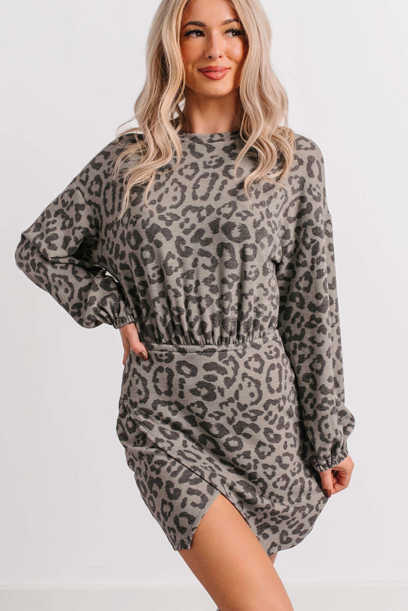 Little Miss Bossy Asymmetric Mini Dress (Grey Leopard)