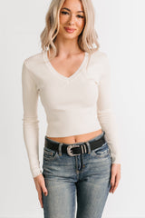 Born Sweet V Neck Ribbed Knit Top (Cream)