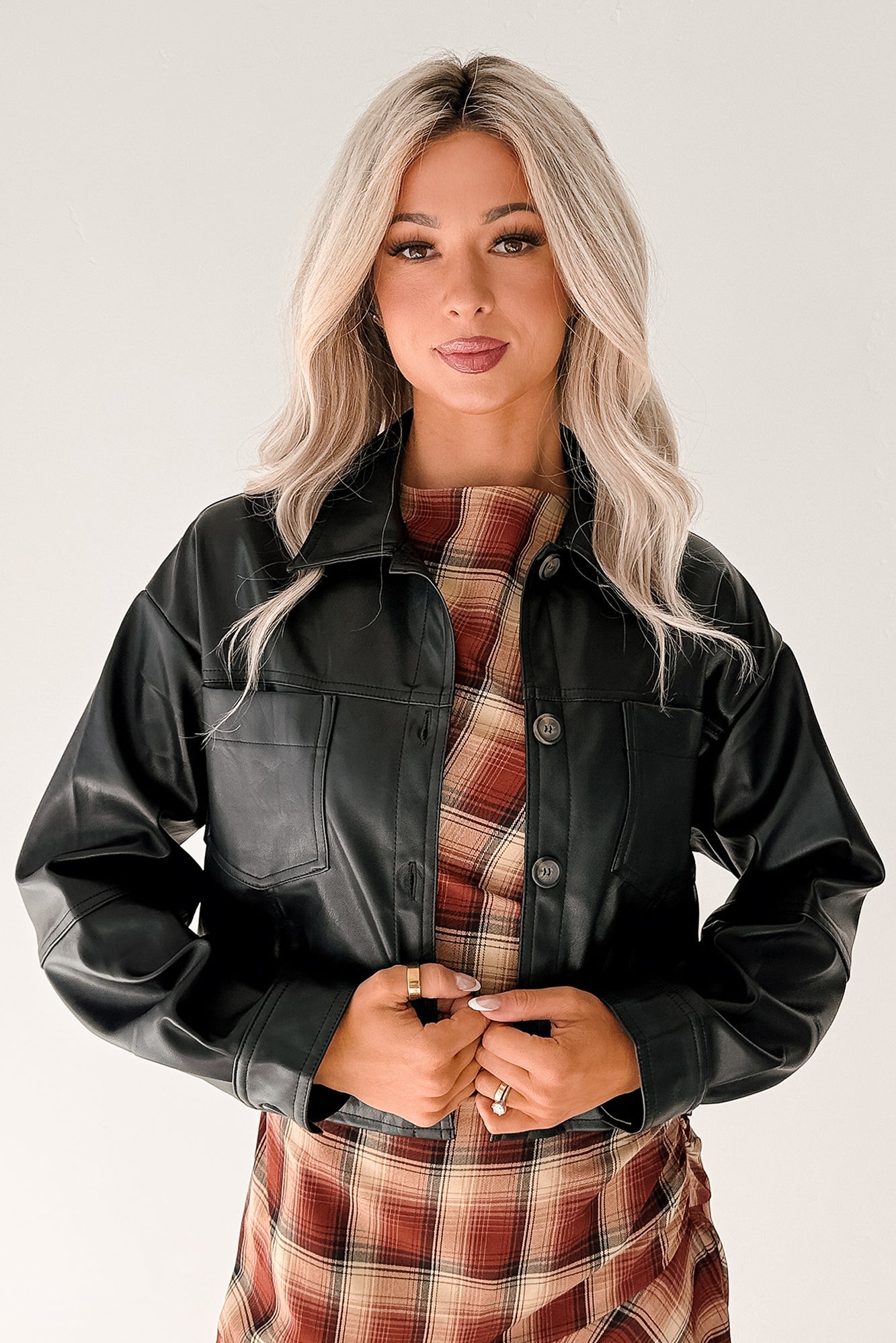 Minimal Motion Faux Leather Button-Up Jacket (Black)