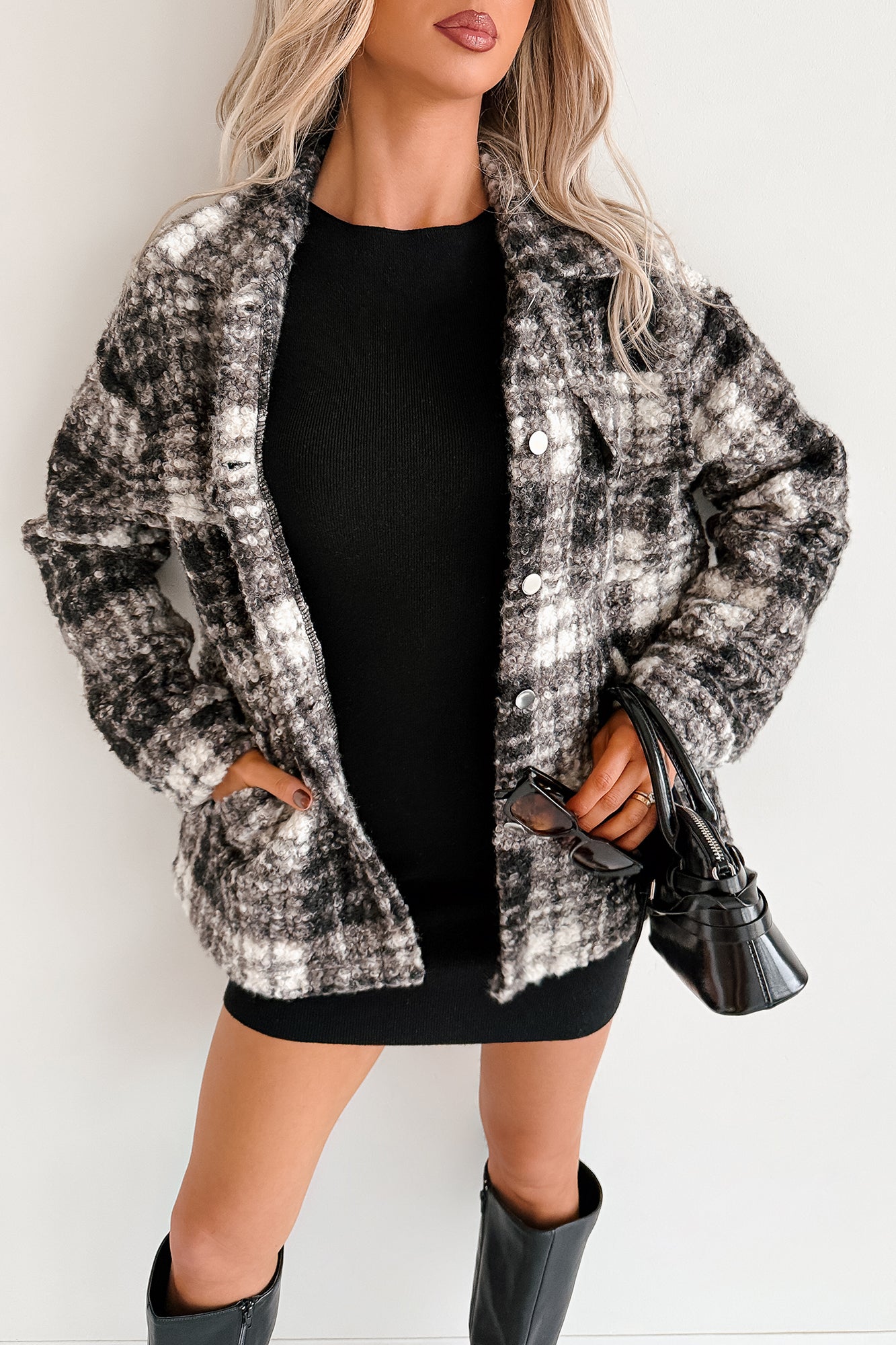 Deadline Driven Plaid Boucle Button-Up Jacket (Black)