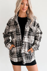 Deadline Driven Plaid Boucle Button-Up Jacket (Black)