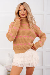 Feelin' Loving Heart Striped Turtleneck Sweater (Taupe/Pink)