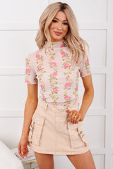 Crush Worthy Floral Print Mock Neck Short Sleeve Mesh Top (Rose Pink)