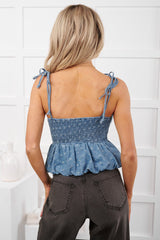 Over The Moon Floral Bubble Hem Top (Denim/White)