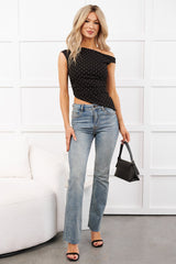 Girlish Glee One Shoulder Polka-Dot Top (Black/Ivory)