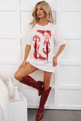 Rhinestone Rodeo Sequin Cowboy Boots T-Shirt Dress (White)