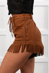 Cider & Stars Faux Suede Fringe Detail Shorts (Camel)