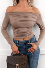 Rosy Reality Boat Neck Long Sleeve Crop Top (Taupe)