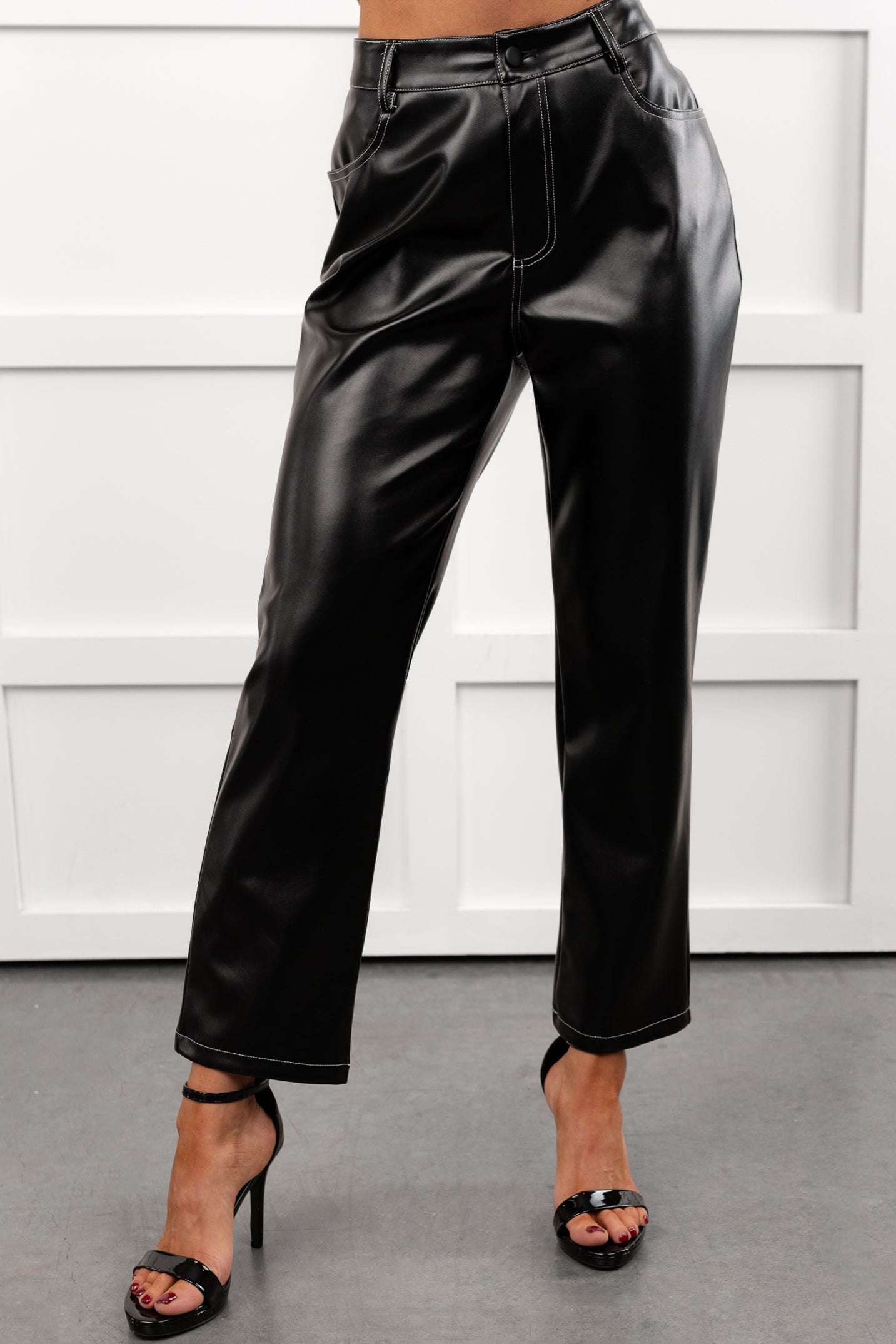 High Shine Faux Leather Straight Leg Pants (Black)