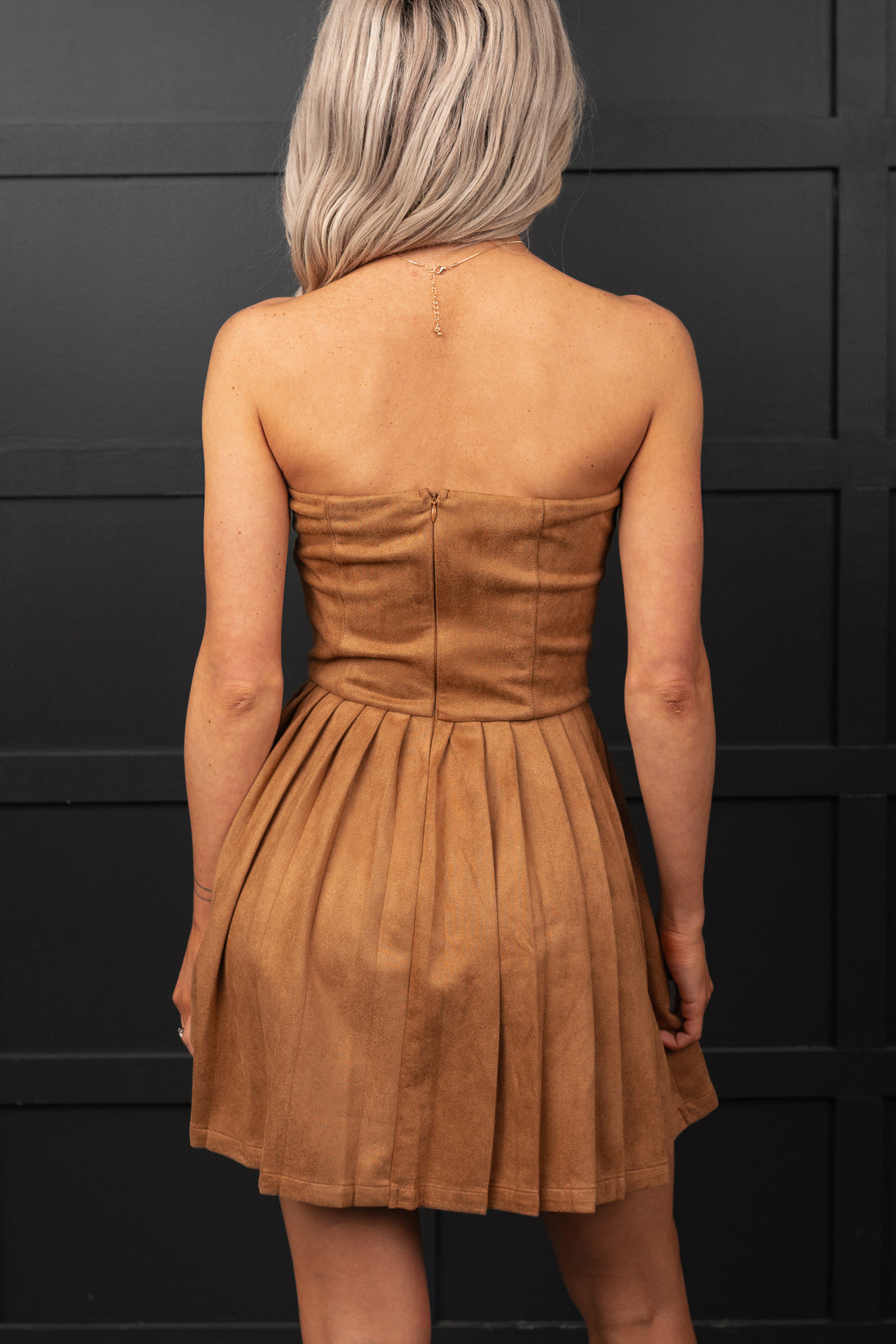 Up A Notch Faux Suede Pleated Mini Dress (Camel)