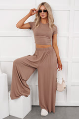Always True Crop Top Wide Leg Pants Set (Dark Taupe)