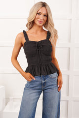Dancing With Gravity Smocked Peplum Tank Top (Black)
