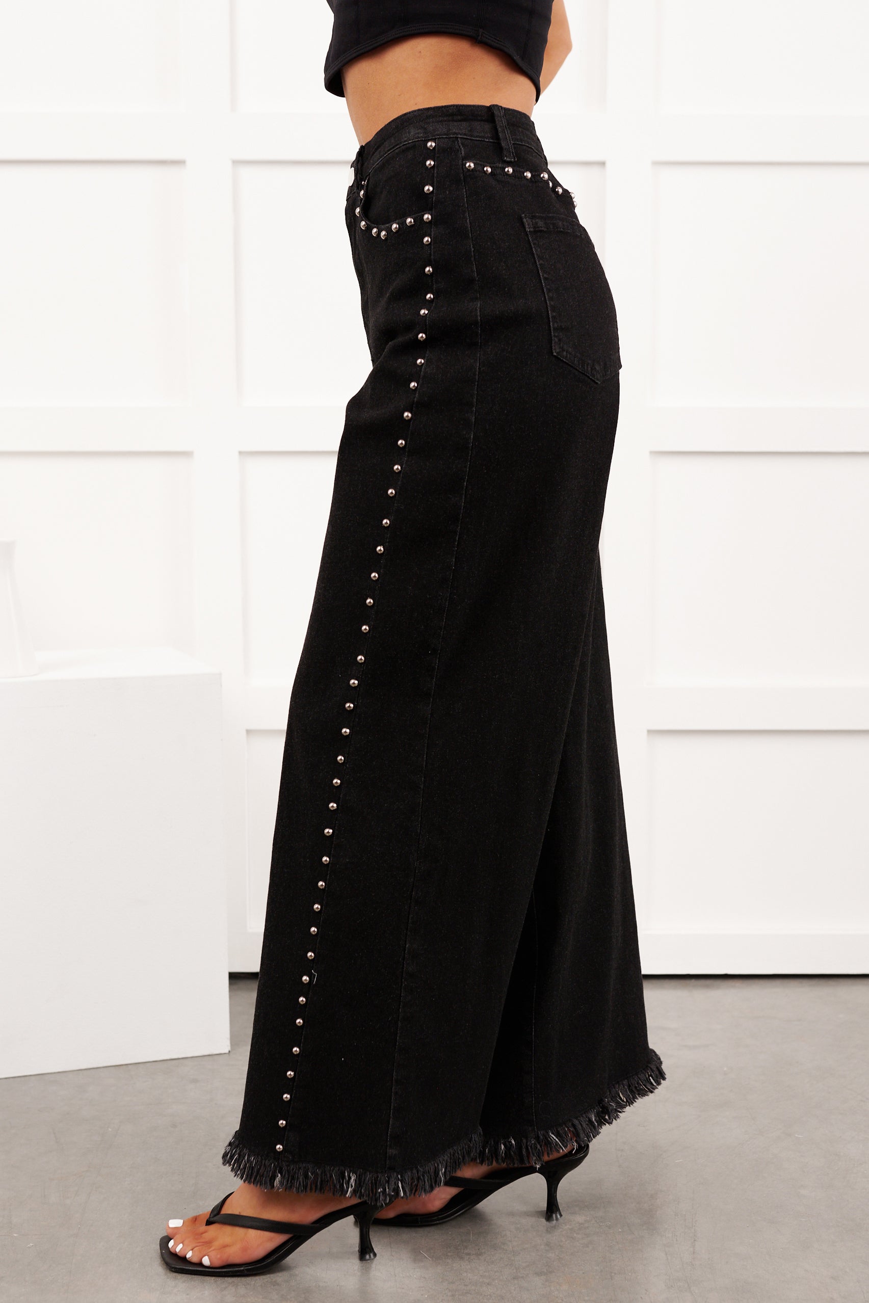 Galvan Wide Leg Studded Camellia Jeans (Black Wash)