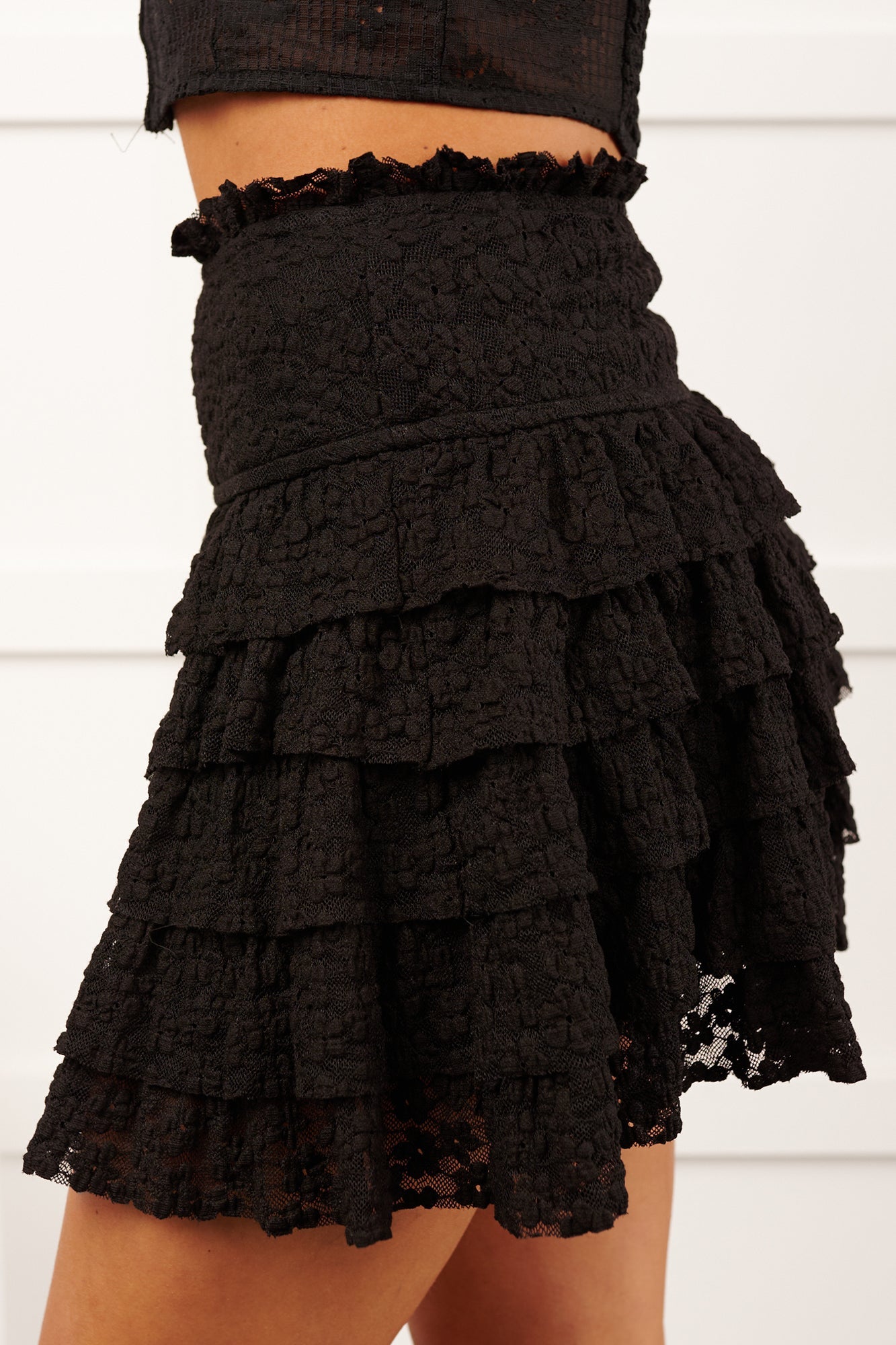 My First Kiss Lace Ruffled Layered Mini Skirt (Black)