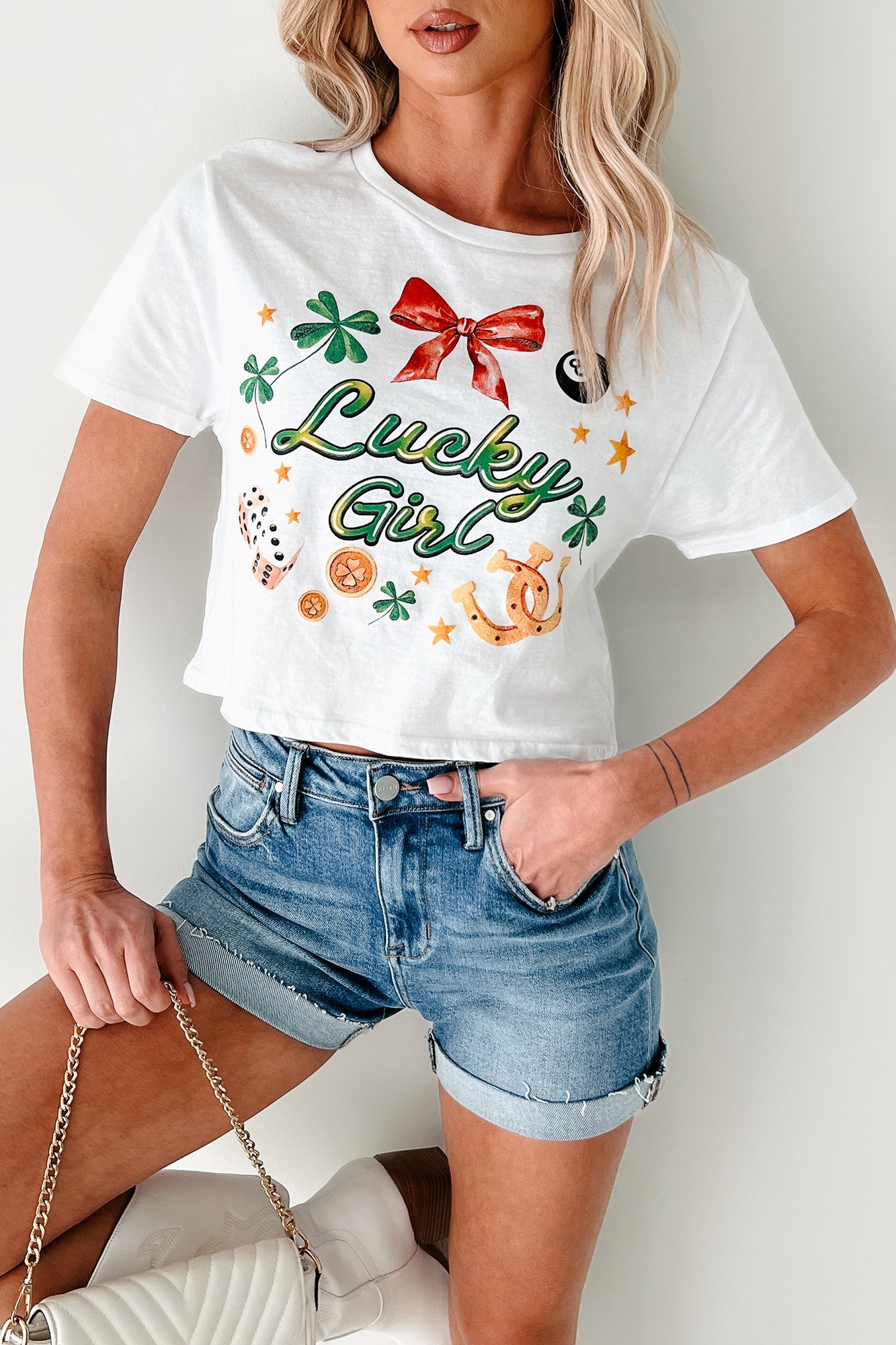 Lucky Girl Graphic Cropped T-Shirt (White)