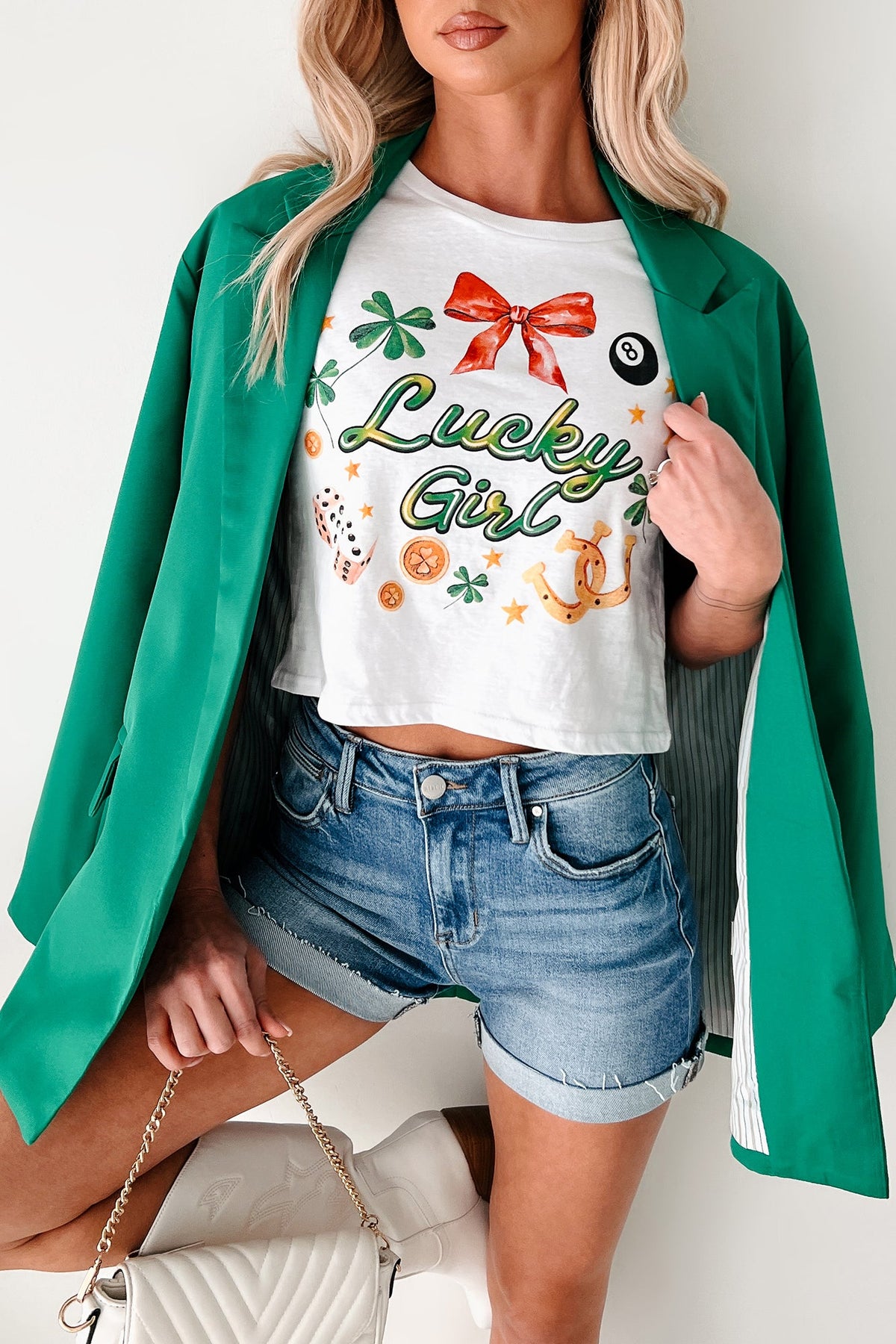 Lucky Girl Graphic Cropped T-Shirt (White)