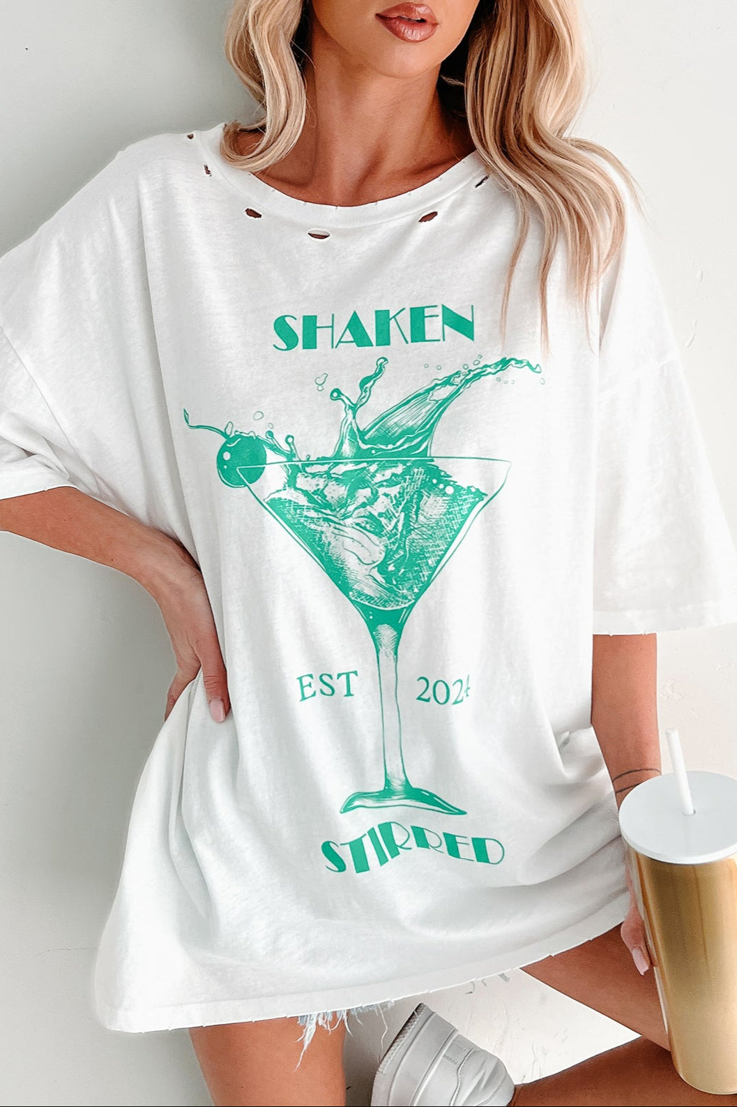 Martini Darling Distressed Graphic T-Shirt (Ivory)