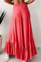 Flower Crown Vibes Sheer Ruffle Wide Leg Pants (Coral Red)
