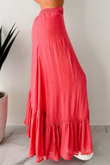 Flower Crown Vibes Sheer Ruffle Wide Leg Pants (Coral Red)