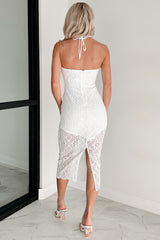 Dancing With Destiny Crochet Lace Halter Midi Dress (Off White)