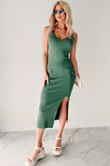 Effortlessly Cool Sleeveless Cargo Pocket Midi Dress (Green)