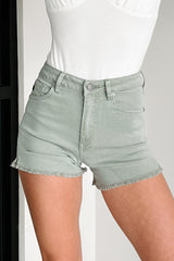 Jennilyn High Rise Frayed Hem Denim Kancan Shorts (Olive)