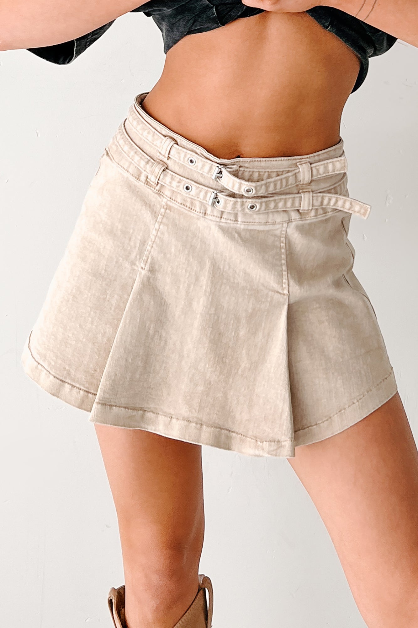 Cool, Calm & Collected Belted Denim Mini Skirt (Khaki)