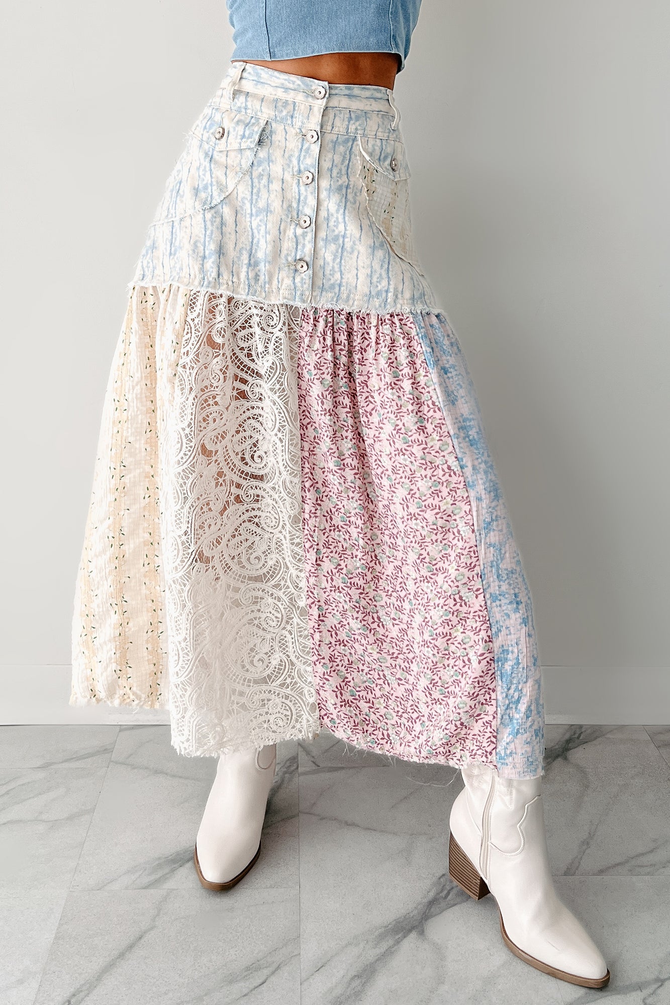 Moonlit Path Patchwork Maxi POL Skirt (Blue/Multi)
