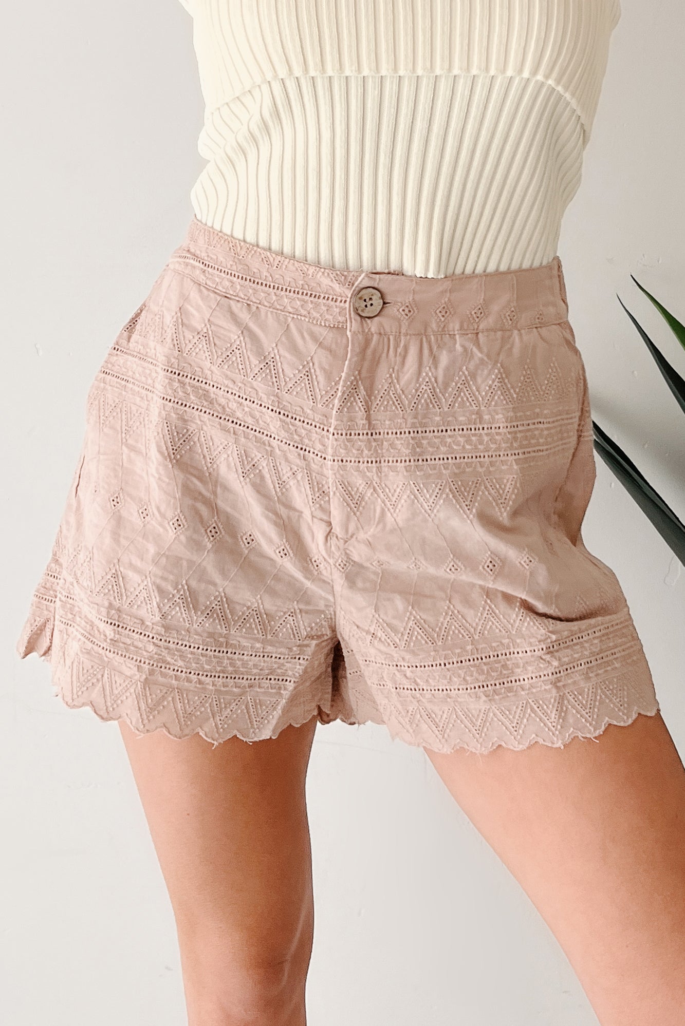 Fireside Vibes High Rise Woven Eyelet Shorts (Mocha)