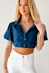 My Favorite Storyline Puff Sleeve Collared Denim Top (Light Denim)