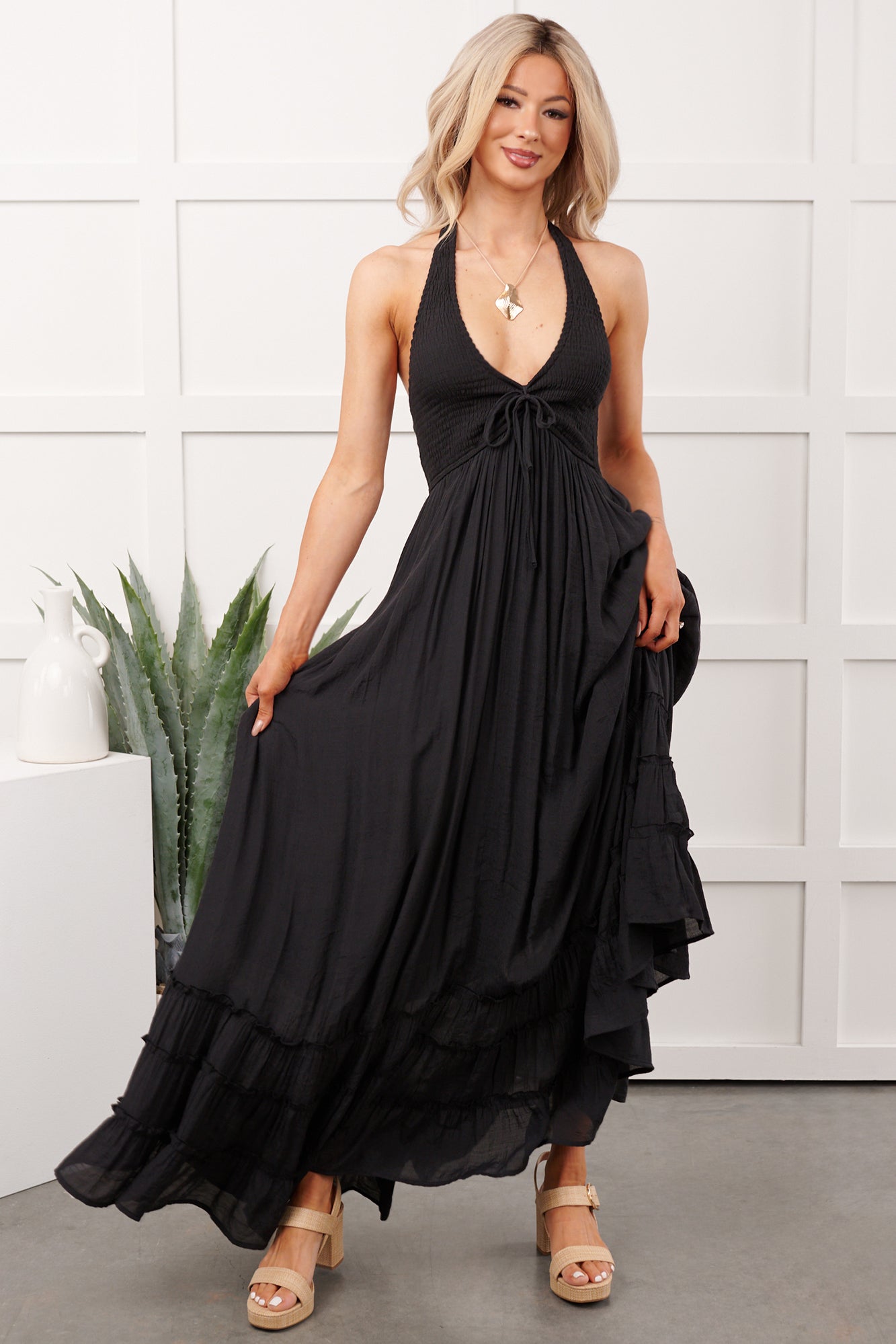 Hint Of Honey Halter Neck Maxi Dress (Black)