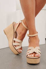 Glitter & Glances Rhinestone Strap Raffia Wedges (Light Beige)