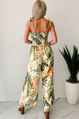 Flirt With Life Smocked Tropical Jumpsuit (Ivory/Green)