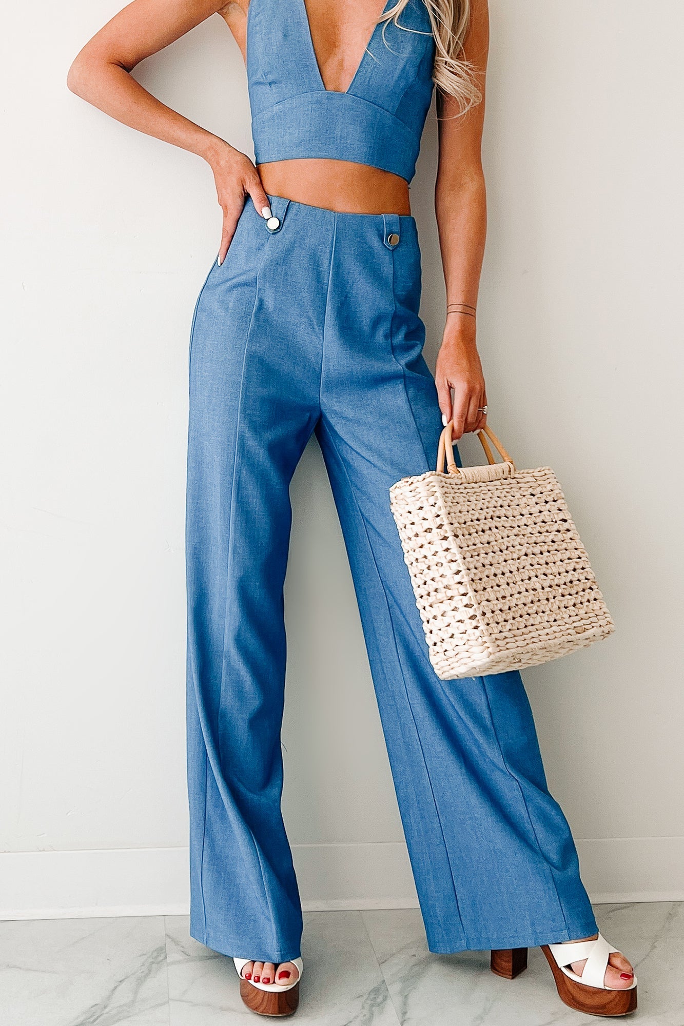 Blush Hour Halter Top & Pants Set (Denim Blue)